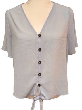 Pink Rose Light Blue Button up short sleeve blouse with tie front size Large